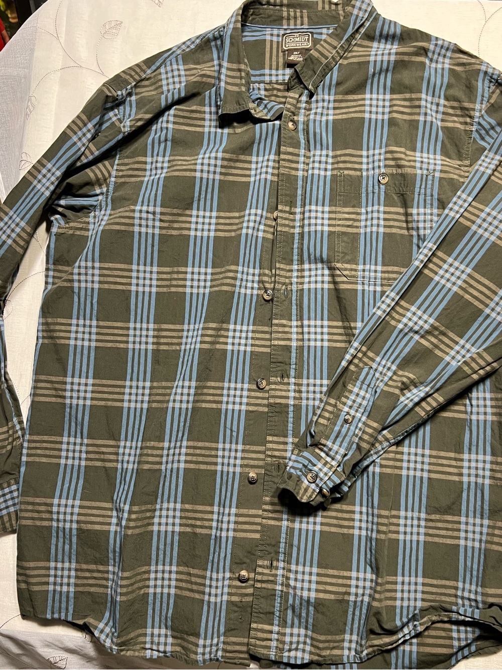 Columbia Olive Green Plaid Button-Down Shirt with Light Blue Stripes